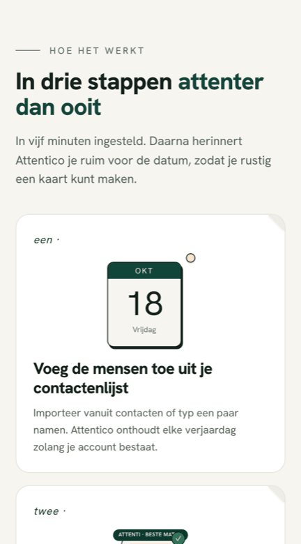 Attentico screen headed 'three steps to being more attentive than ever', starting with importing the people from your contacts