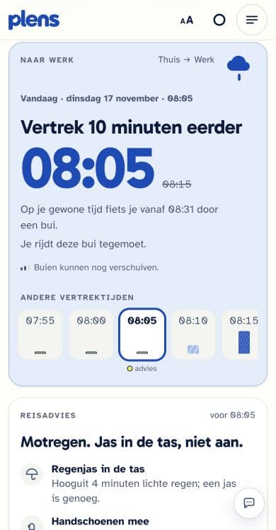 Plens screen recommending departure at 08:05 instead of 08:15, with alternative departure times and advice to pack a rain jacket