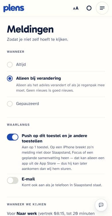 Plens notification settings screen with push enabled for changed advice and email switched off