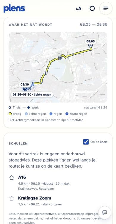 Plens screen showing a map of the route with the wet stretch marked between 08:26 and 08:30, plus shelter points along the way
